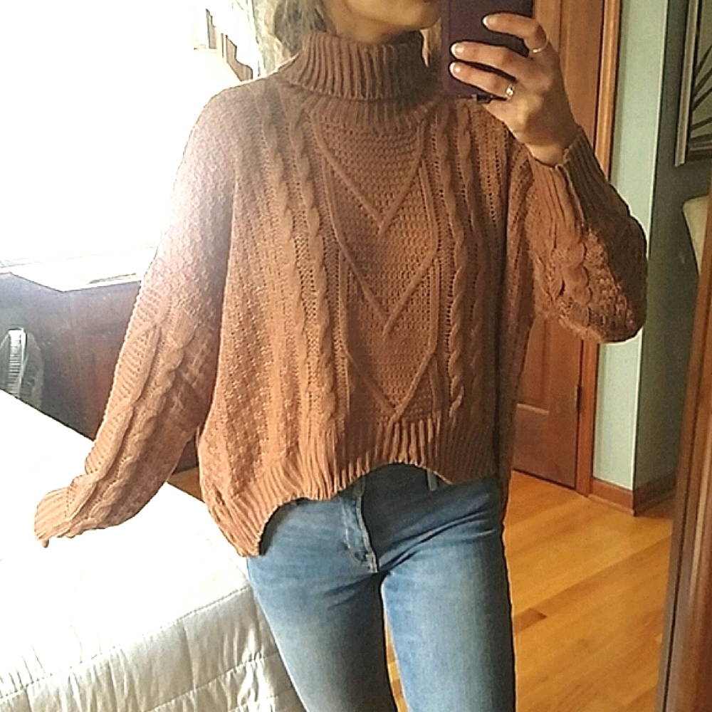 Knit Turtleneck Asymetrical Hem Oversized Sweater - Picture 2 of 9